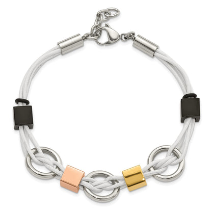 9 Inch Stainless Steel Multi Ip-Plated Beads & White Leather W/.75In Ext Bracelet