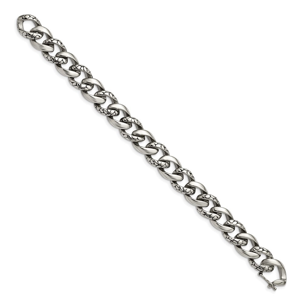 Stainless Steel Chisel Antiqued Polished And Reptile Scale Textured Link Chain Bracelet
