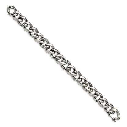 Stainless Steel Chisel Antiqued Polished And Reptile Scale Textured Link Chain Bracelet