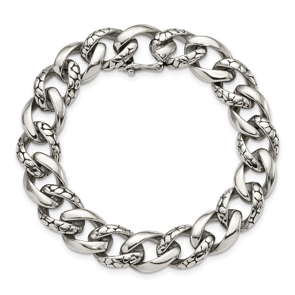 Stainless Steel Chisel Antiqued Polished And Reptile Scale Textured Link Chain Bracelet