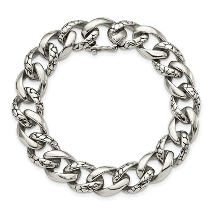 Stainless Steel Chisel Antiqued Polished And Reptile Scale Textured Link Chain Bracelet