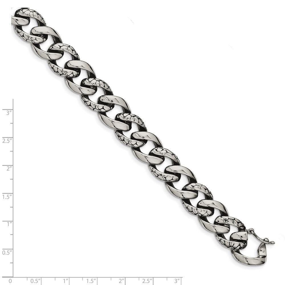 Stainless Steel Chisel Antiqued Polished And Reptile Scale Textured Link Chain Bracelet