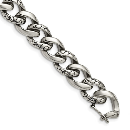 Stainless Steel Chisel Antiqued Polished And Reptile Scale Textured Link Chain Bracelet
