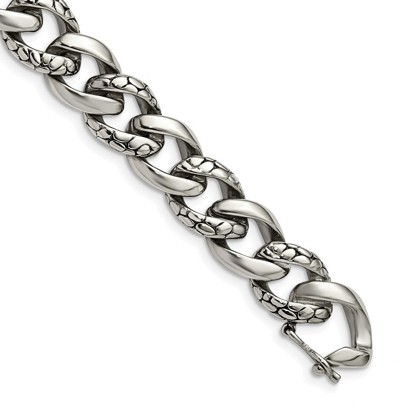 Stainless Steel Chisel Antiqued Polished And Reptile Scale Textured Link Chain Bracelet