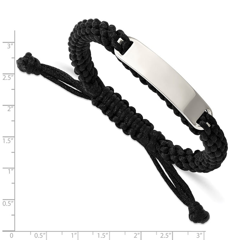 Stainless Steel Chisel Polished Black Fabric Adjustable Id Bracelet