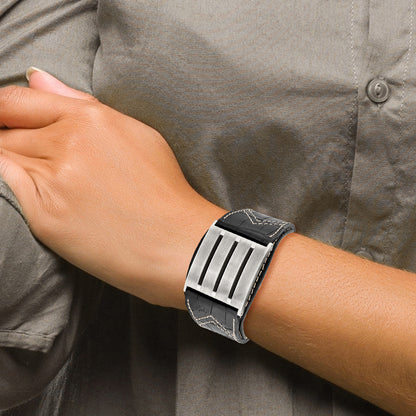 9 Inch Stainless Steel Brushed Black Leather Adjustable Buckle 9In Bracelet