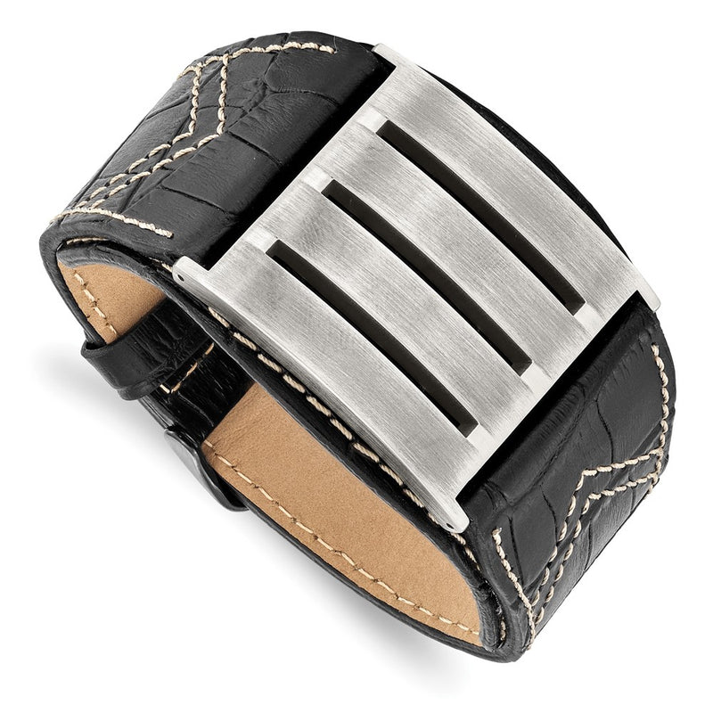 9 Inch Stainless Steel Brushed Black Leather Adjustable Buckle 9In Bracelet