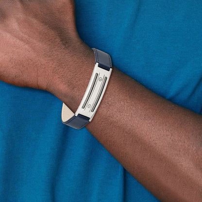 8.25 Inch Stainless Steel Polished Blue Leather W/Wire Adjustable Buckle Bracelet