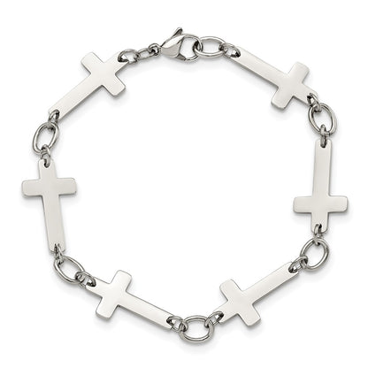 Stainless Steel Chisel Polished 8 Inch Sideways Cross Link Bracelet
