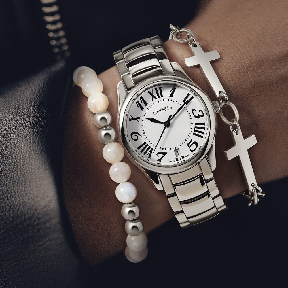 Stainless Steel Chisel Polished 8 Inch Sideways Cross Link Bracelet