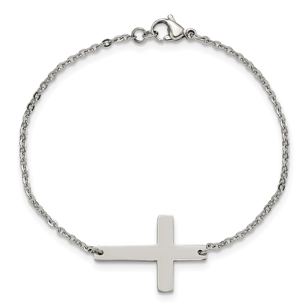 Stainless Steel Chisel Polished Sideways Cross 7.25 Inch Bracelet