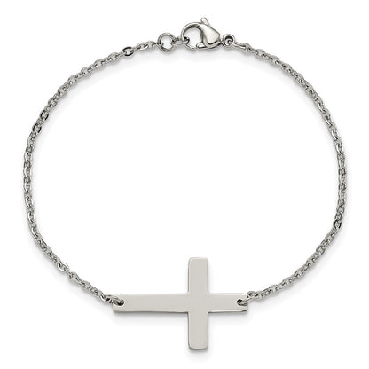 Stainless Steel Chisel Polished Sideways Cross 7.25 Inch Bracelet