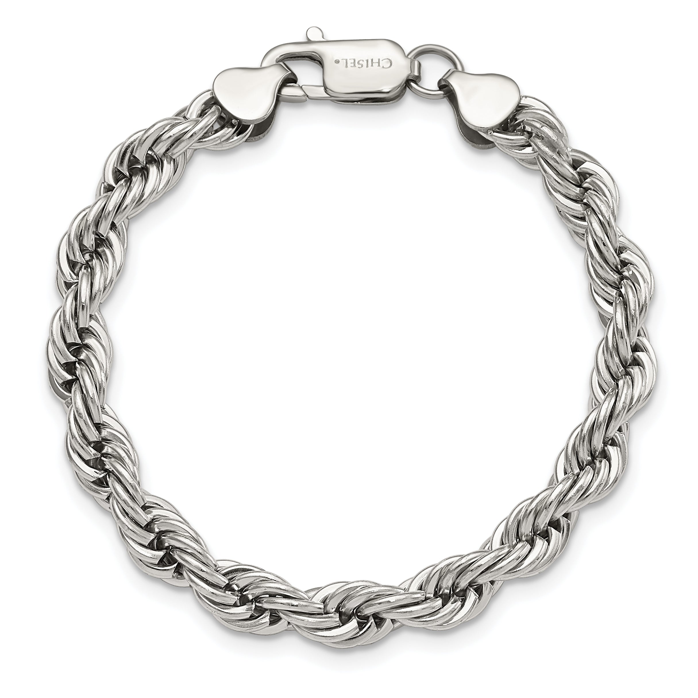 Stainless Steel Chisel Polished 7mm 8.5 Inch Rope Bracelet