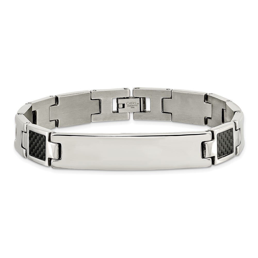 Stainless Steel Chisel Brushed And Polished Black Carbon Fiber Inlay 8.5 Inch Id Bracelet