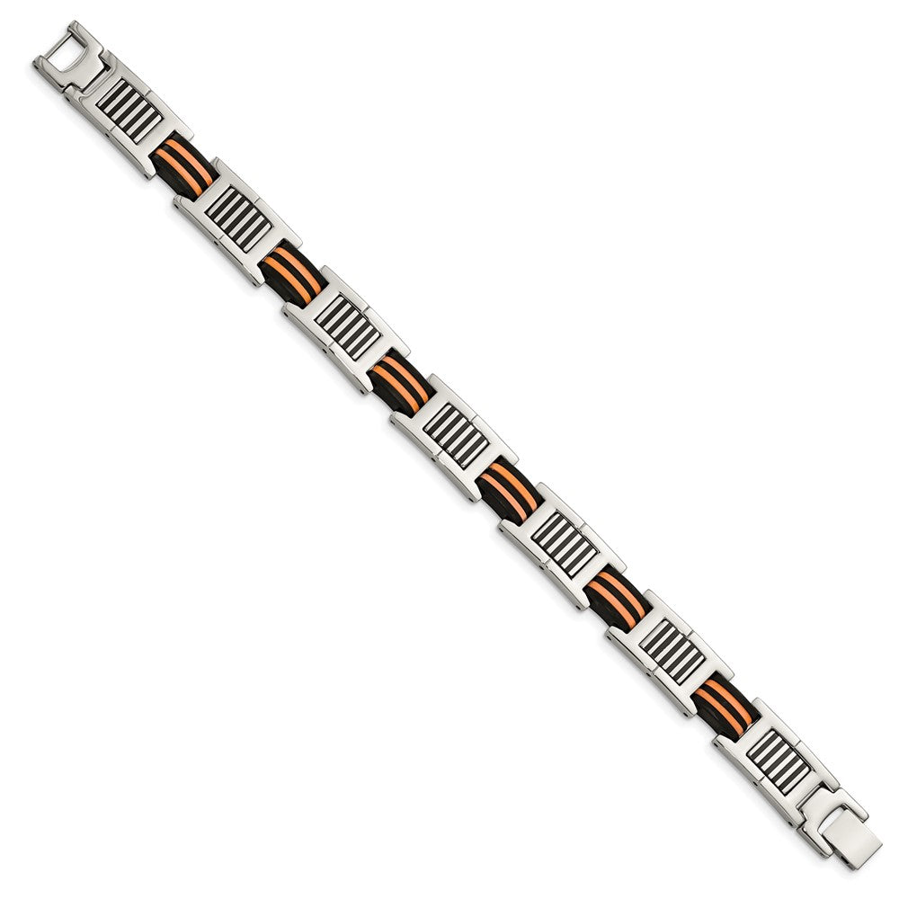 Stainless Steel Chisel Polished With Black And Orange Rubber 8.5 Inch Link Bracelet