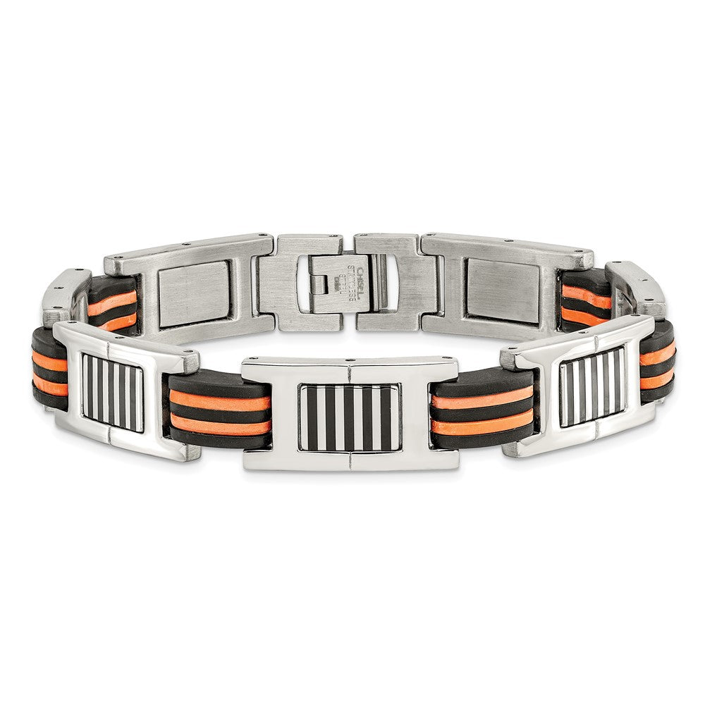 Stainless Steel Chisel Polished With Black And Orange Rubber 8.5 Inch Link Bracelet
