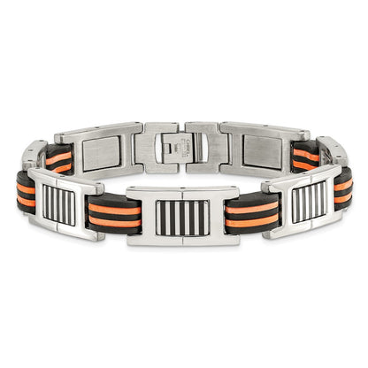 Stainless Steel Chisel Polished With Black And Orange Rubber 8.5 Inch Link Bracelet