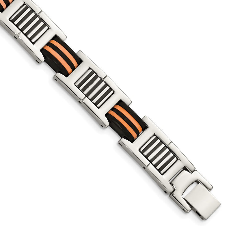 Stainless Steel Chisel Polished With Black And Orange Rubber 8.5 Inch Link Bracelet