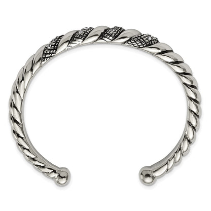 Stainless Steel Polished And Antiqued W/Crystal Cuff Bangle