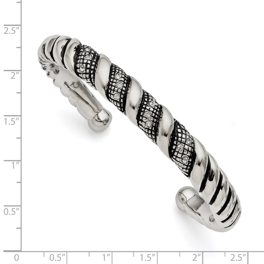 Stainless Steel Polished And Antiqued W/Crystal Cuff Bangle