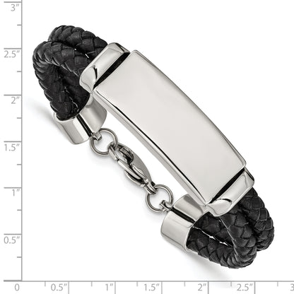Stainless Steel Chisel Polished Black Woven Leather Multi Strand 8.25 Inch Id Bracelet