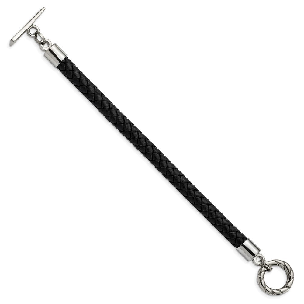Stainless Steel Chisel Polished Black Braided Leather Toggle 8.5 Inch Bracelet