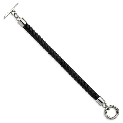 Stainless Steel Chisel Polished Black Braided Leather Toggle 8.5 Inch Bracelet