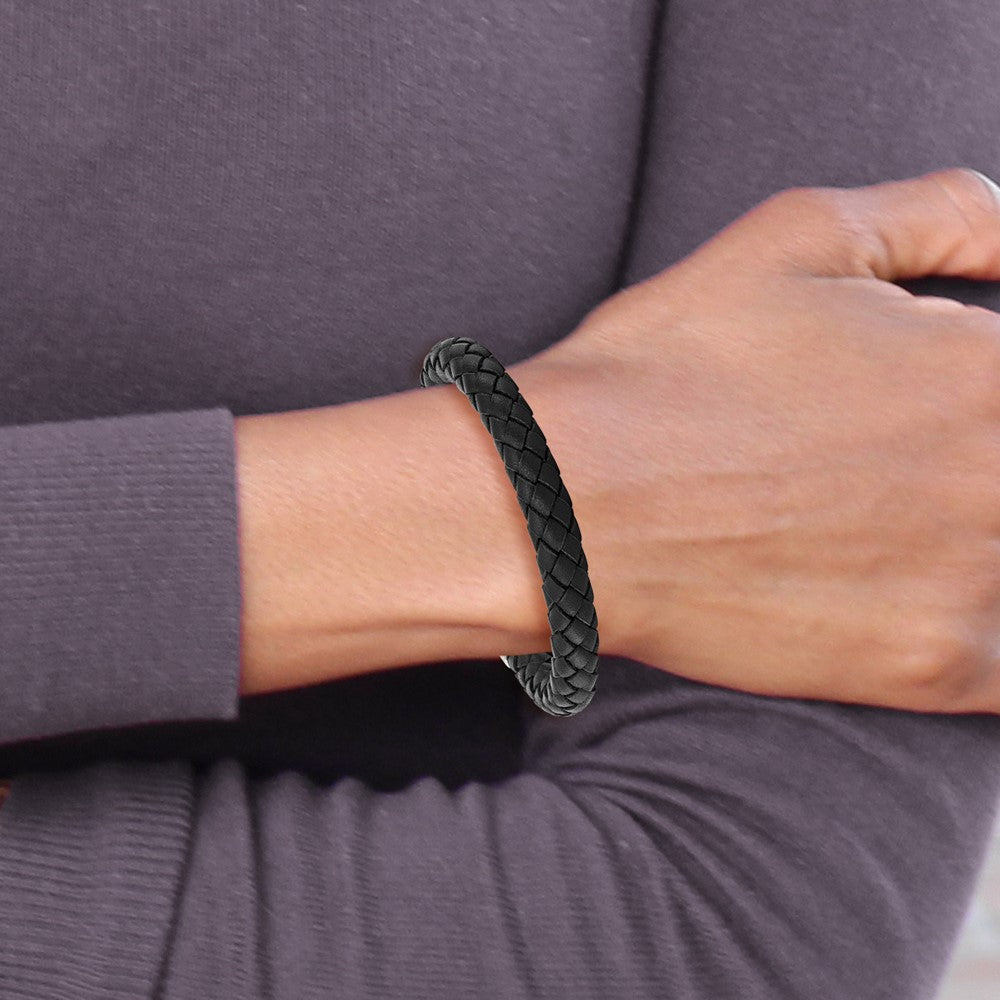 Stainless Steel Chisel Polished Black Braided Leather Toggle 8.5 Inch Bracelet