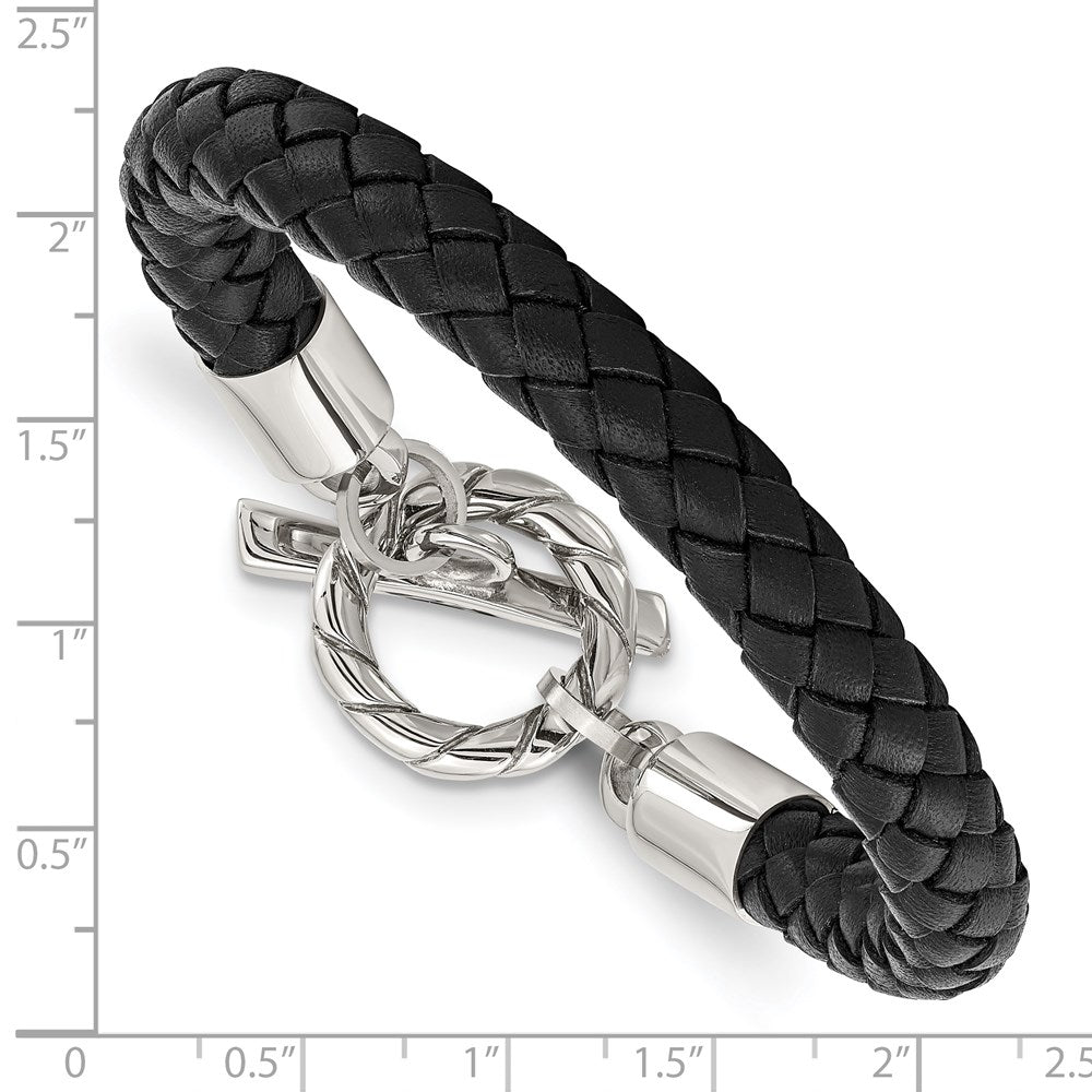 Stainless Steel Chisel Polished Black Braided Leather Toggle 8.5 Inch Bracelet