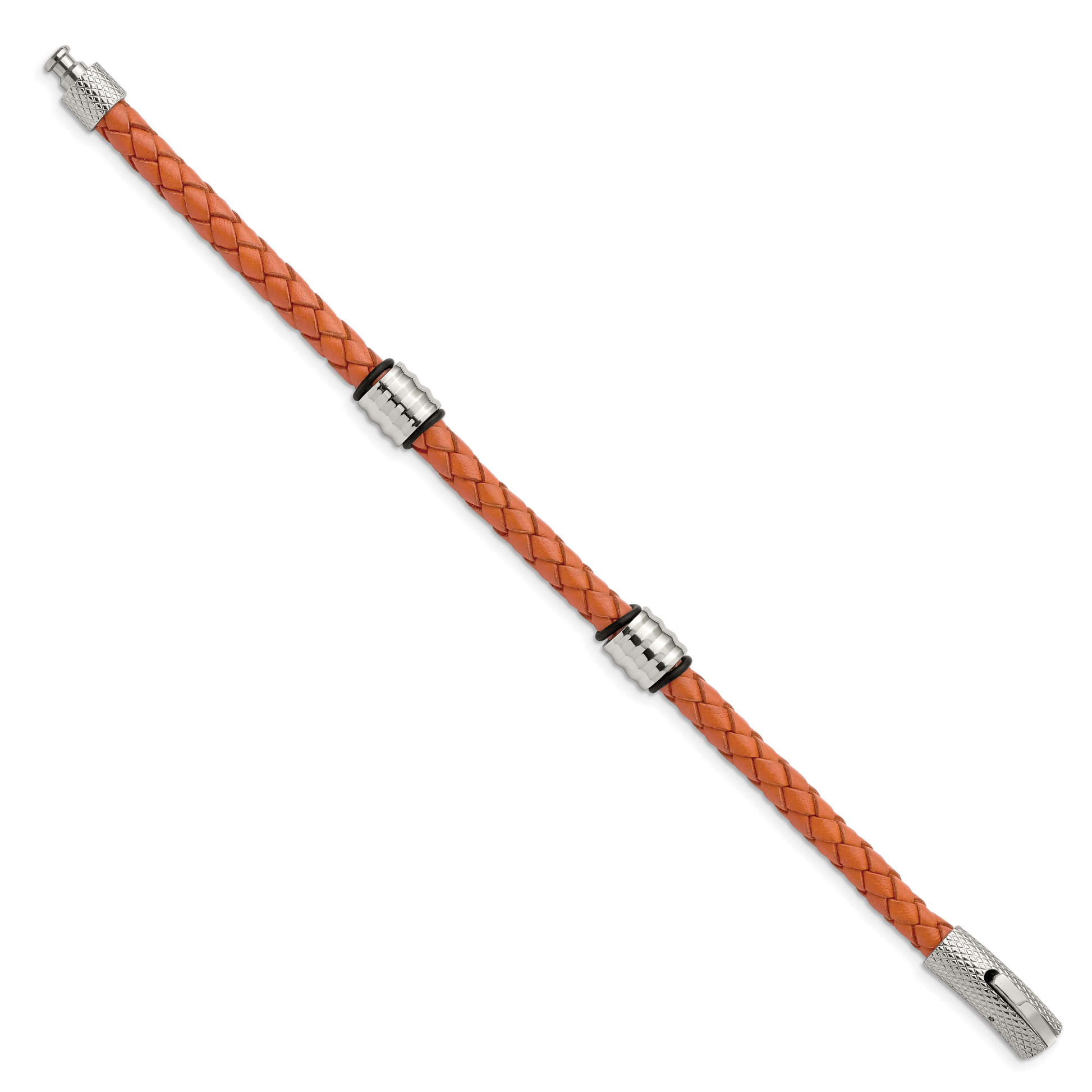 Stainless Steel Chisel Polished Orange Braided Leather And Black Rubber 8.25 Inch Bracelet