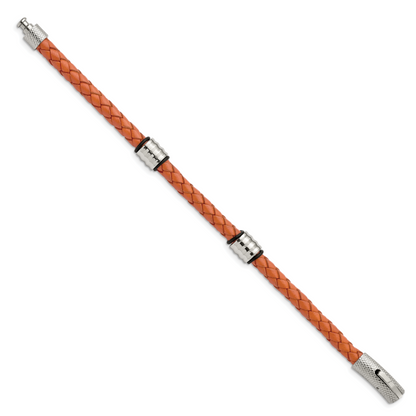 Stainless Steel Chisel Polished Orange Braided Leather And Black Rubber 8.25 Inch Bracelet