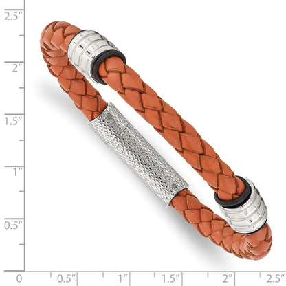 Stainless Steel Chisel Polished Orange Braided Leather And Black Rubber 8.25 Inch Bracelet