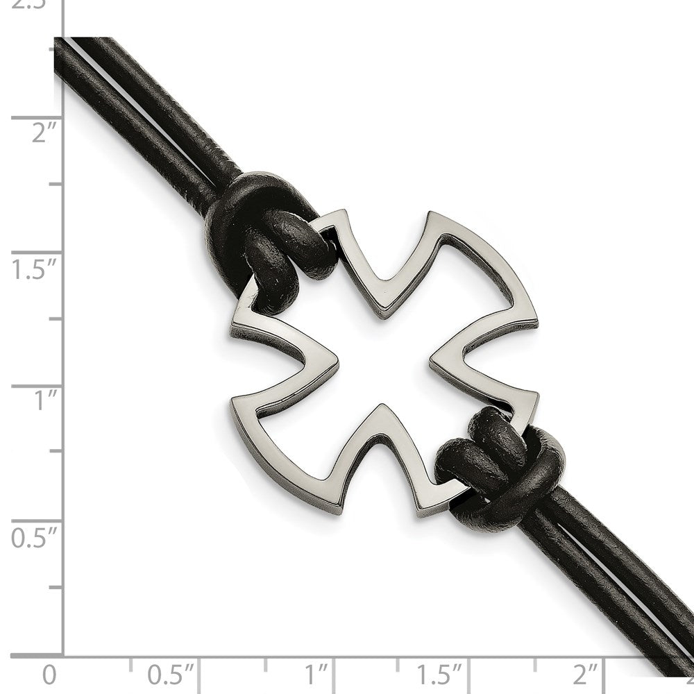 Stainless Steel Chisel Antiqued And Polished Cross Black Leather 8.25 Inch Bracelet