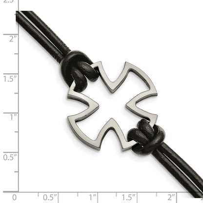 Stainless Steel Chisel Antiqued And Polished Cross Black Leather 8.25 Inch Bracelet