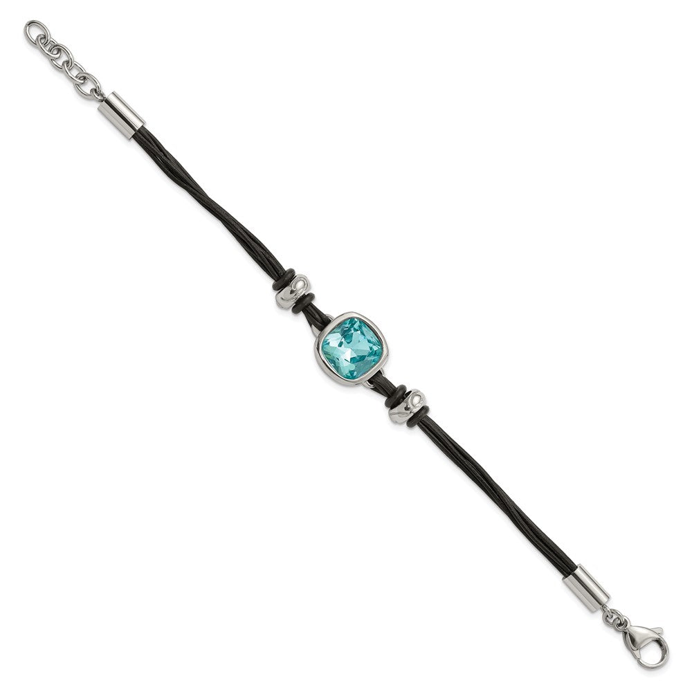 7 Inch Stainless Steel Polished W/Blue Glass Leather 7In W/1In Ext Bracelet