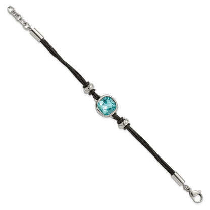7 Inch Stainless Steel Polished W/Blue Glass Leather 7In W/1In Ext Bracelet