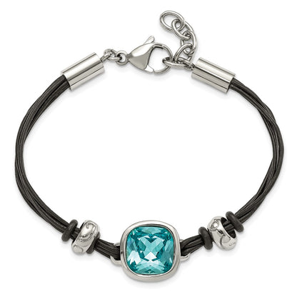 7 Inch Stainless Steel Polished W/Blue Glass Leather 7In W/1In Ext Bracelet