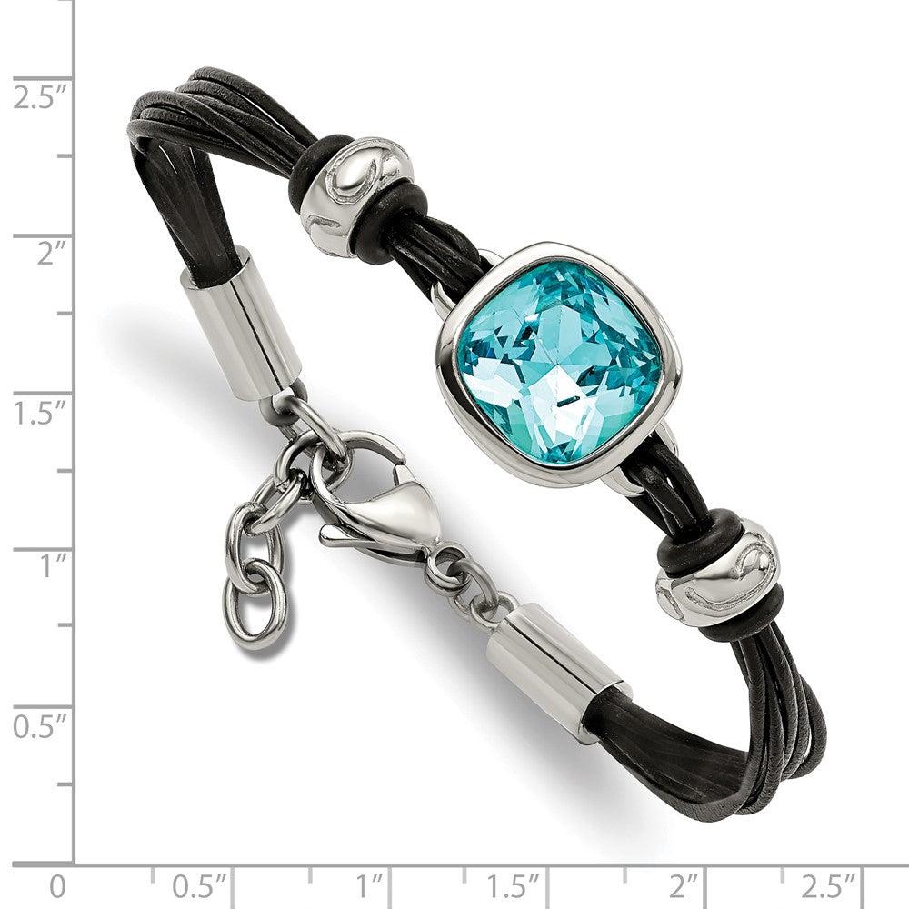7 Inch Stainless Steel Polished W/Blue Glass Leather 7In W/1In Ext Bracelet