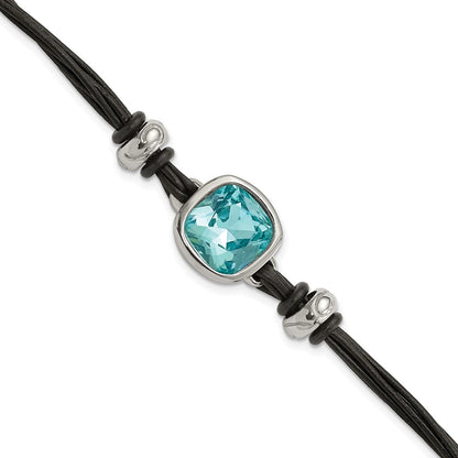 7 Inch Stainless Steel Polished W/Blue Glass Leather 7In W/1In Ext Bracelet