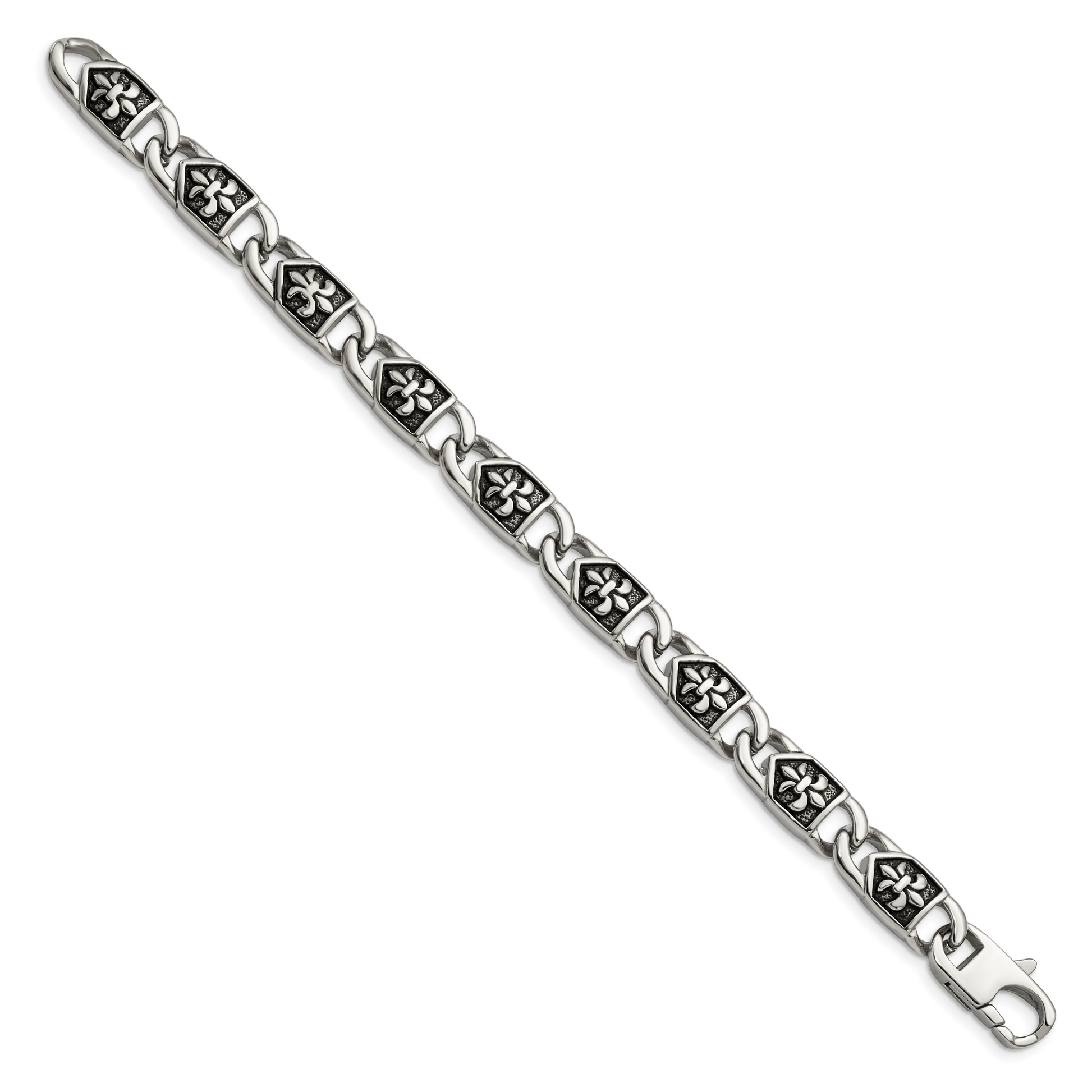 Stainless Steel Chisel Antiqued And Polished Fleur De Lis 8.75 Inch Link Bracelet