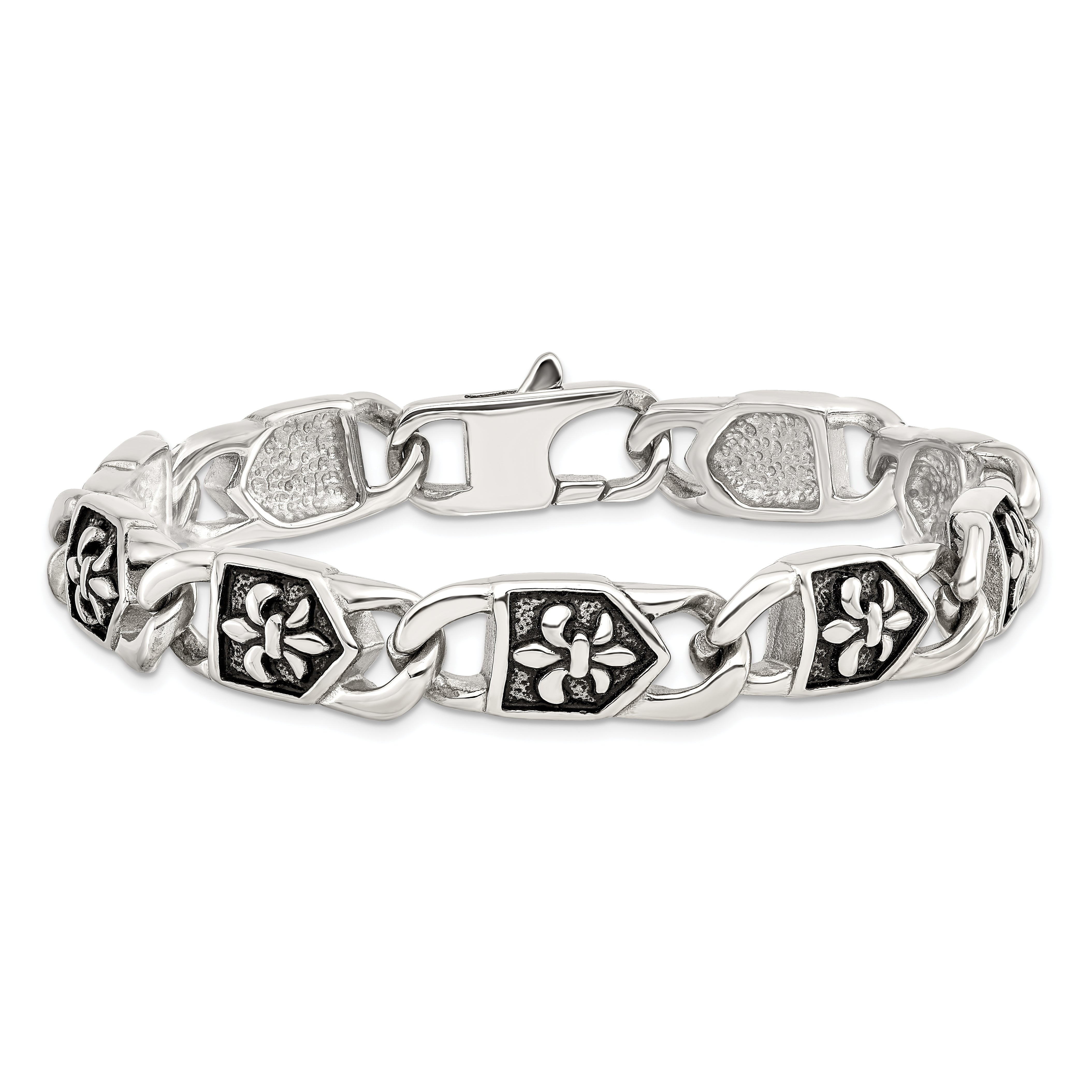 Stainless Steel Chisel Antiqued And Polished Fleur De Lis 8.75 Inch Link Bracelet