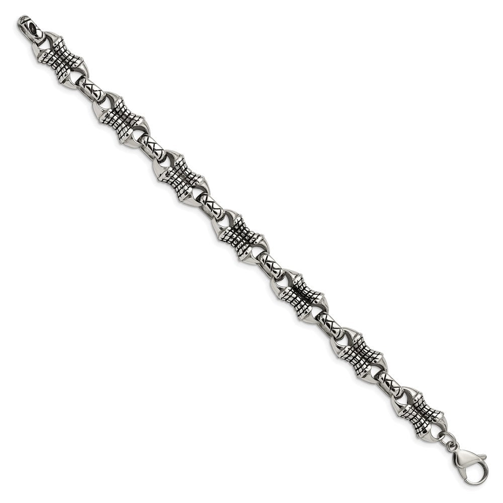 Stainless Steel Chisel Antiqued And Polished 8.75 Inch Patterned Link Bracelet