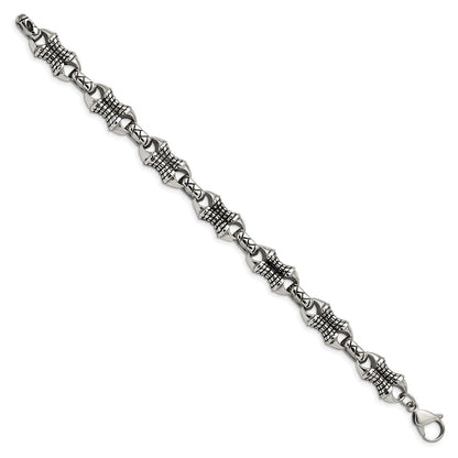 Stainless Steel Chisel Antiqued And Polished 8.75 Inch Patterned Link Bracelet
