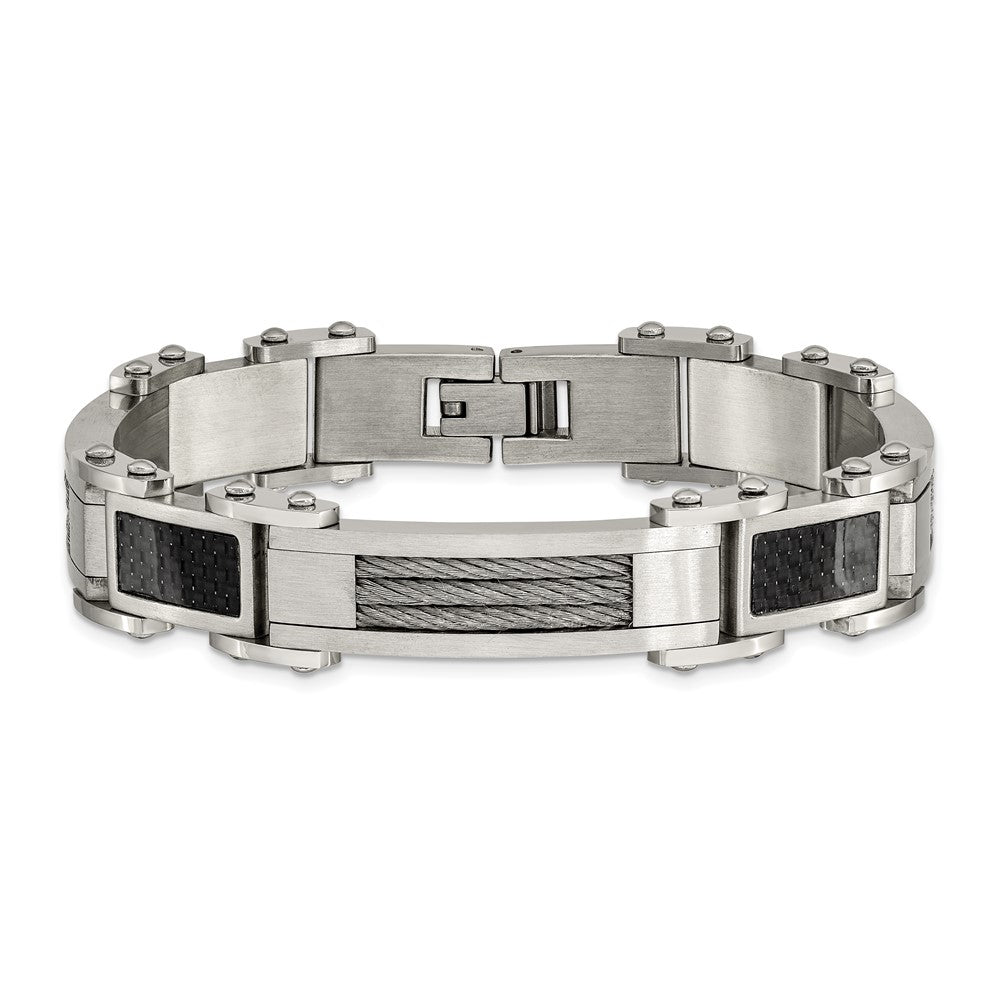 9 Inch Chisel Stainless Steel Polished With Cable And Black Carbon Fiber Inlay 8.75 Link Bracelet