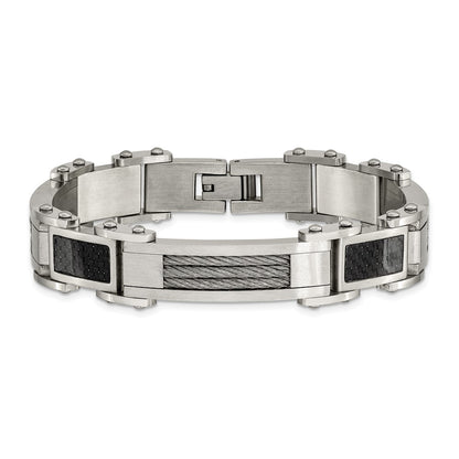 9 Inch Chisel Stainless Steel Polished With Cable And Black Carbon Fiber Inlay 8.75 Link Bracelet