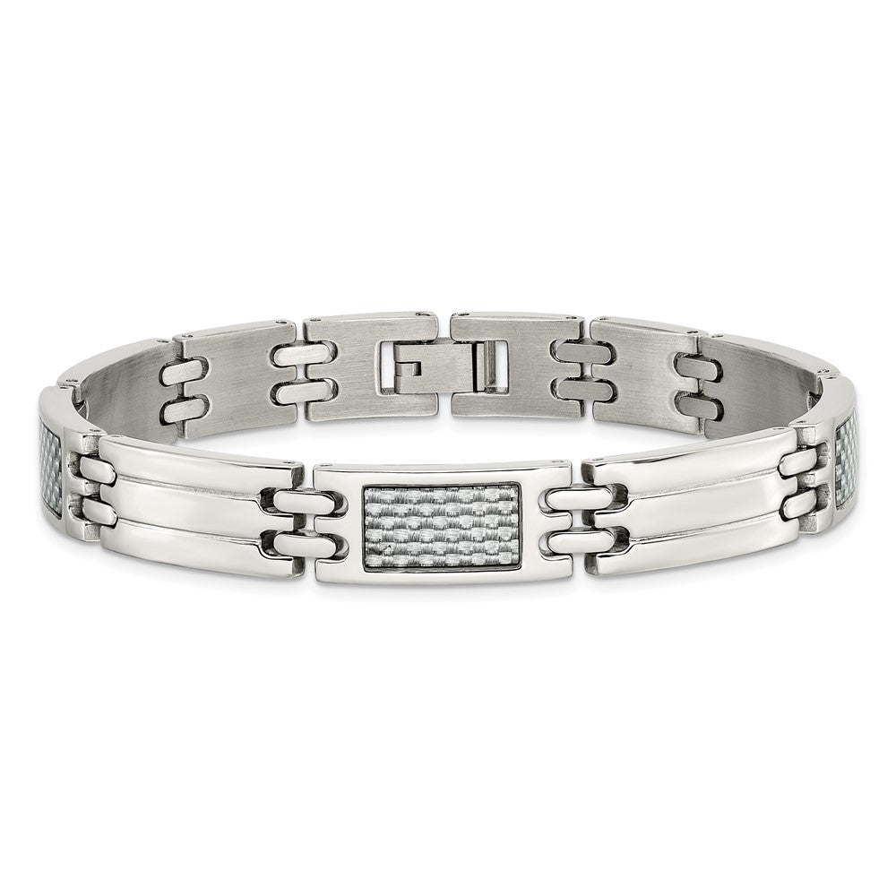Stainless Steel Chisel Polished With Grey Carbon Fiber Inlay 8.5 Inch Link Bracelet