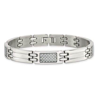 Stainless Steel Chisel Polished With Grey Carbon Fiber Inlay 8.5 Inch Link Bracelet
