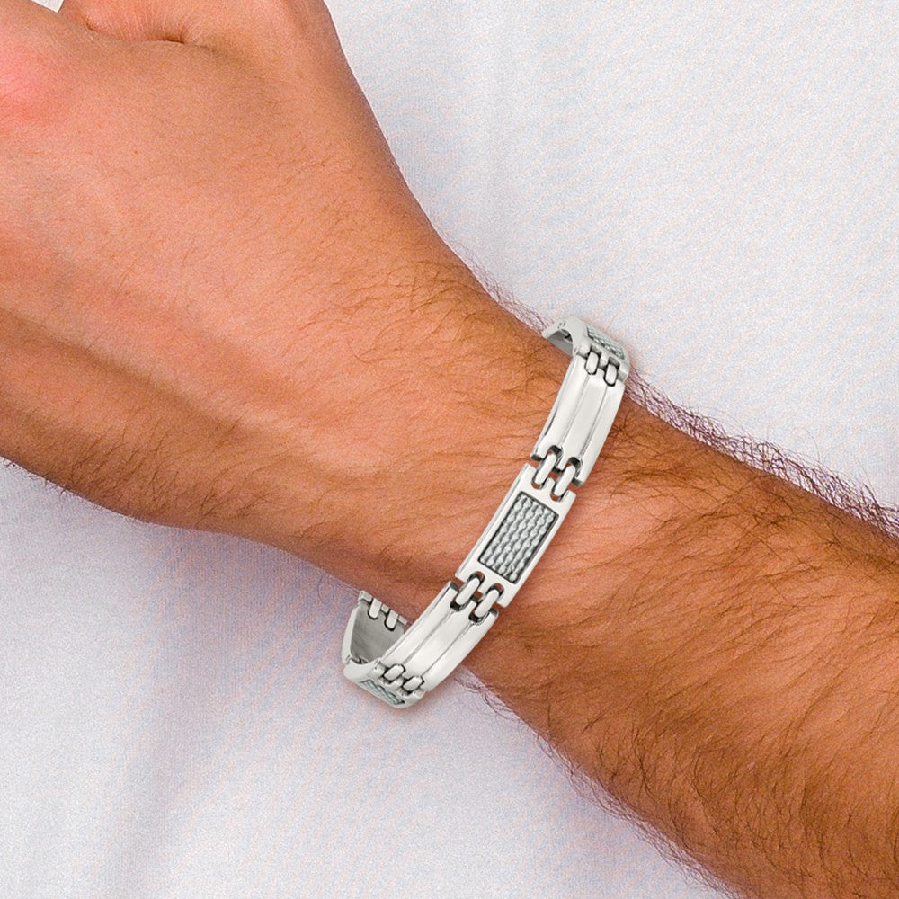 Stainless Steel Chisel Polished With Grey Carbon Fiber Inlay 8.5 Inch Link Bracelet