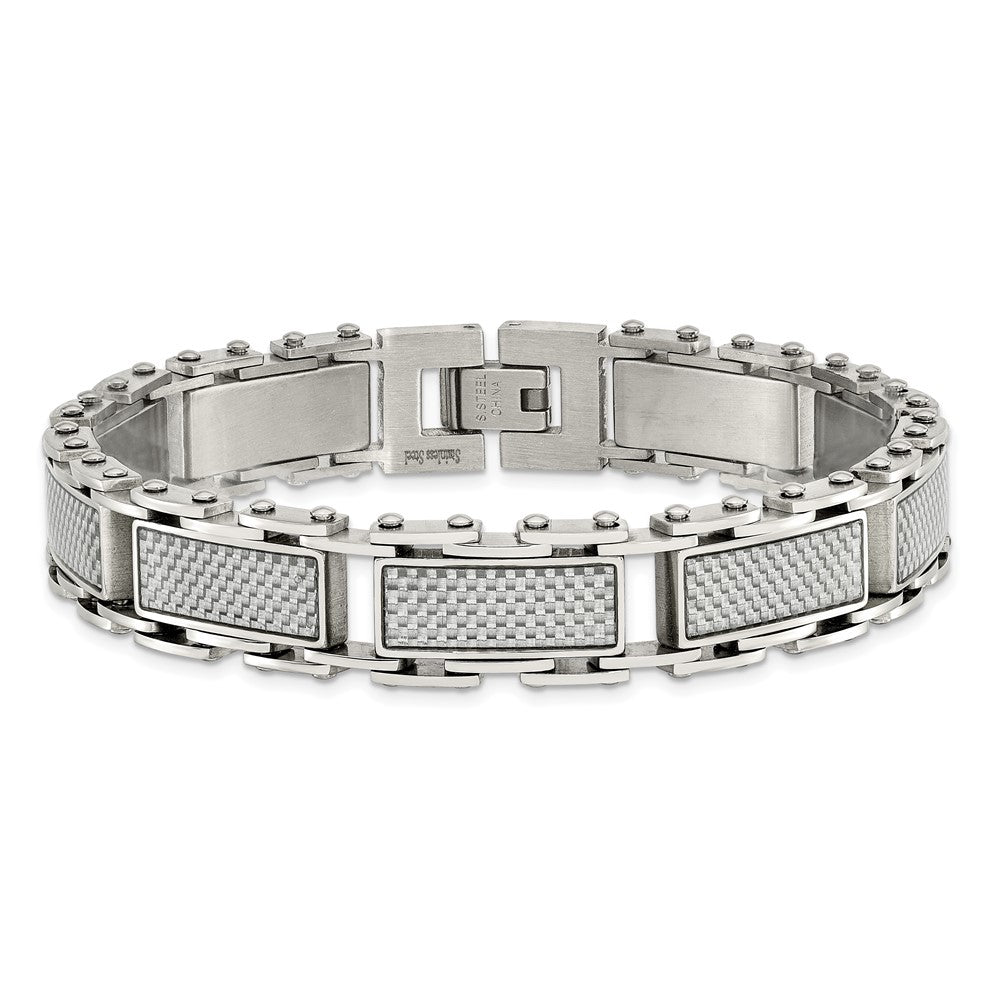 Stainless Steel Chisel Polished With Grey Carbon Fiber Inlay 8.5 Inch Link Bracelet