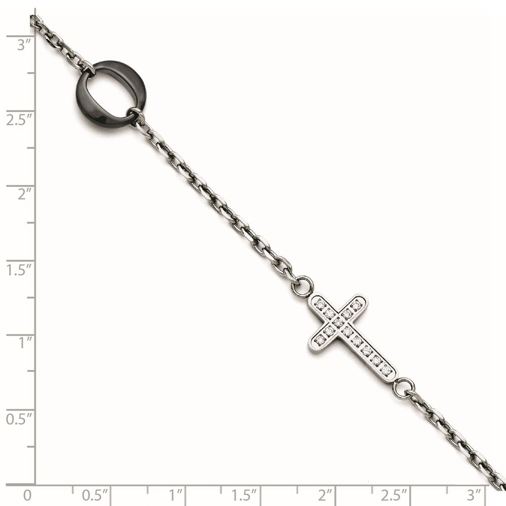 7.25 Inch Stainless Steel And Ceramic Polished Sideways Cross Cz Bracelet